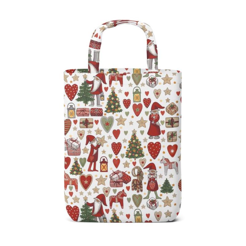 Tygkasse JULSTÖK med tomtar, granar, julklappar, Dalahäst, hjärtan, stjärnor i rött
