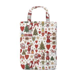 Tygkasse JULSTÖK med tomtar, granar, julklappar, Dalahäst, hjärtan, stjärnor i rött