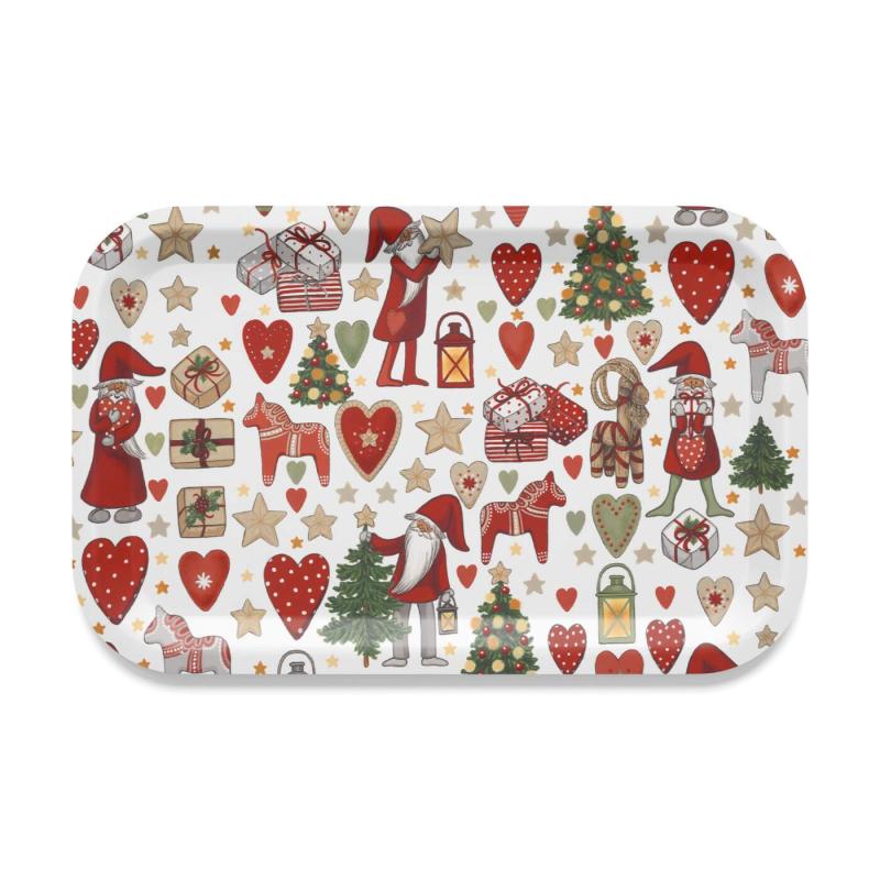 Bricka JULSTÖK med tomtar, granar, julklappar, Dalahäst, hjärtan, stjärnor i rött