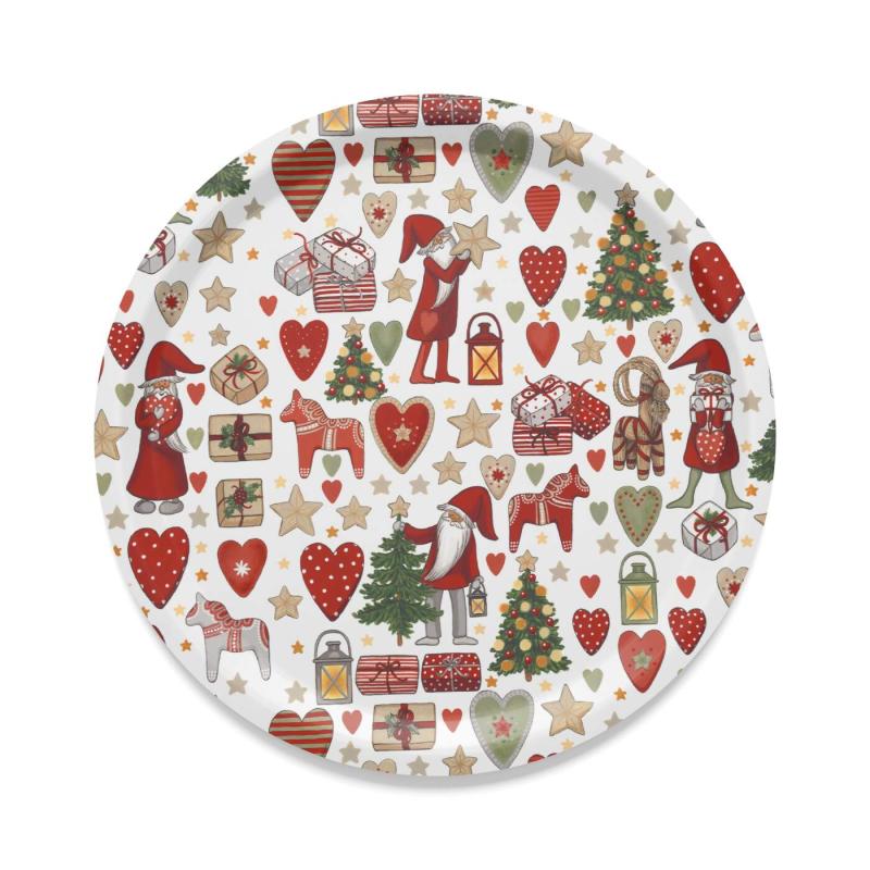 Rund bricka JULSTÖK med tomtar, granar, julklappar, Dalahäst, hjärtan, stjärnor i rött