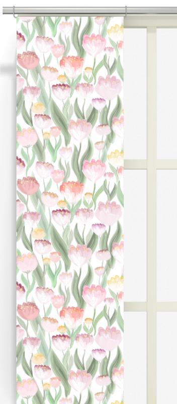 Panelgardin LJUVLIGT med rosa tulpaner på offwhite bottenfärg