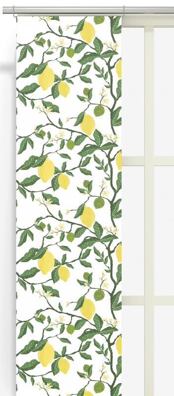 Panelgardin CITRONTRÄD med gula citron på gröna kvistar, offwhite bottenfärg