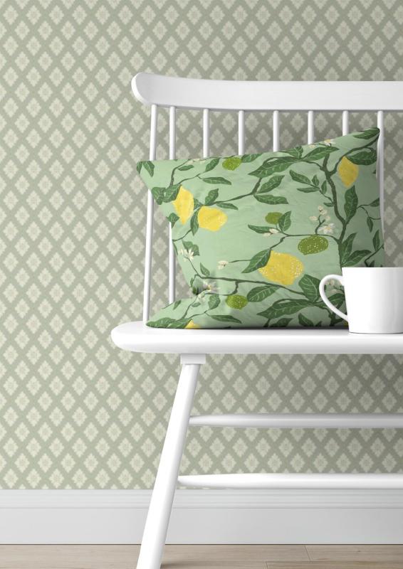 Kuddfodral CITRONTRÄD med gula citron på gröna kvistar, grön bottenfärg