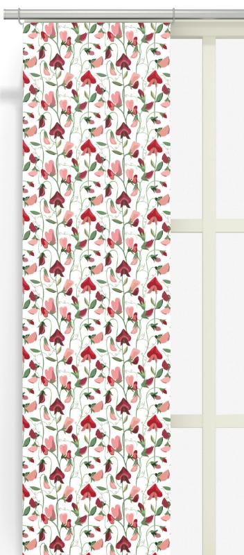 Panelgardin LUKTÄRT med luktärtor i rosa och rött på offwhite bottenfärg
