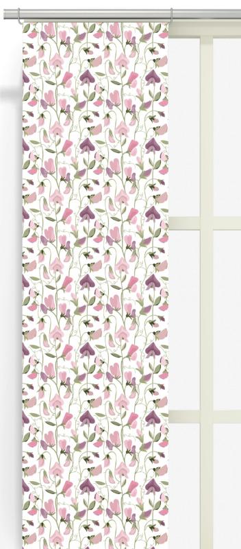 Panelgardin LUKTÄRT med luktärtor i ljusrosa och lila på offwhite bottenfärg