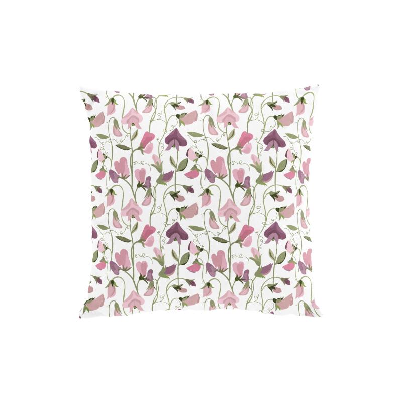 Kuddfodral LUKTÄRT med luktärtor i ljusrosa och lila på offwhite bottenfärg