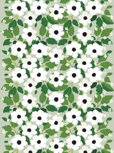 Panelgardin SVARTÖGA med blomman svartöga i vitt och gröna blad