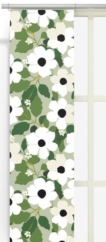 Panelgardin SVARTÖGA med blomman svartöga i vitt och gröna blad