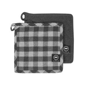 Grytlapp STURE, 2-pack, återvunnen bomull, rutig mörkgrå, ljusgrå och enfärgad mörkgrå