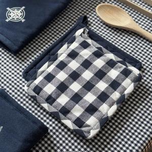 Grytlapp STURE, 2-pack, återvunnen bomull, rutig marinblå, vit och enfärgad marinblå