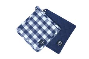 Grytlapp STURE, 2-pack, återvunnen bomull, rutig marinblå, vit och enfärgad marinblå