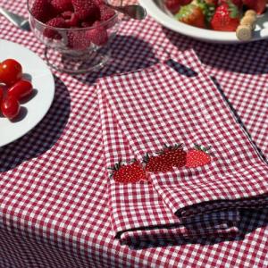 Kökshandduk KERSTIN, smårutig med broderade jordgubbar, återvunnen bomull, stl. 45x60cm, röd, vit