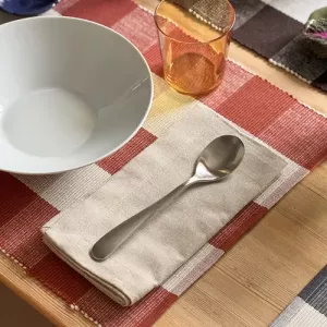 Löpare FREYA, vävd ribbad duk/bordslöpare med rutor, recycle. Rost/beige