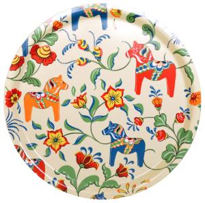 Rund bricka LEKSAND, Dalahäst, 31cm, Orange/Röd/Blå/Grön, beige bottenfärg