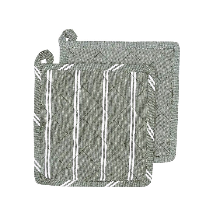 Grytlapp AGDA, 2-pack, återvunnen bomull, randig olivgrön, vit och enfärgad olivgrön