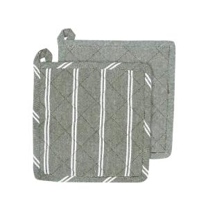 Grytlapp AGDA, 2-pack, återvunnen bomull, randig olivgrön, vit och enfärgad olivgrön