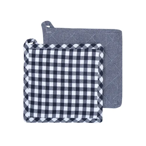 Grytlapp BELLA, 2-pack, återvunnen bomull, rutig marinblå, vit och enfärgad marinblå