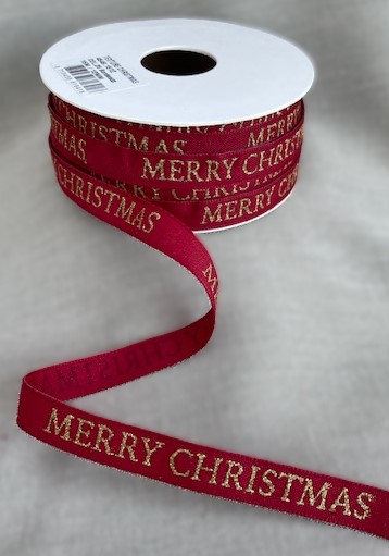 Textilband, rött band med guld text MERRY CHRISTMAS