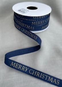 Textilband, blått band med guld text MERRY CHRISTMAS