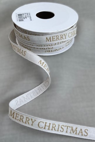 Textilband, beige band med guld text MERRY CHRISTMAS