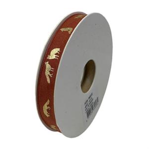 Textilband FOX med lekande rävar i guld på rostfärgad botten, bredd 12mm