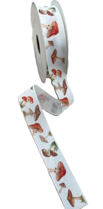 Textilband, ljusbeige bottenfärg med olika sorters svampar