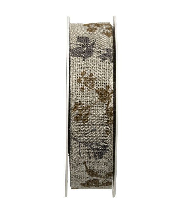 Textilband, BLADVERK, Bredd 25mm, naturfärgat band med grå och bruna löv och strån