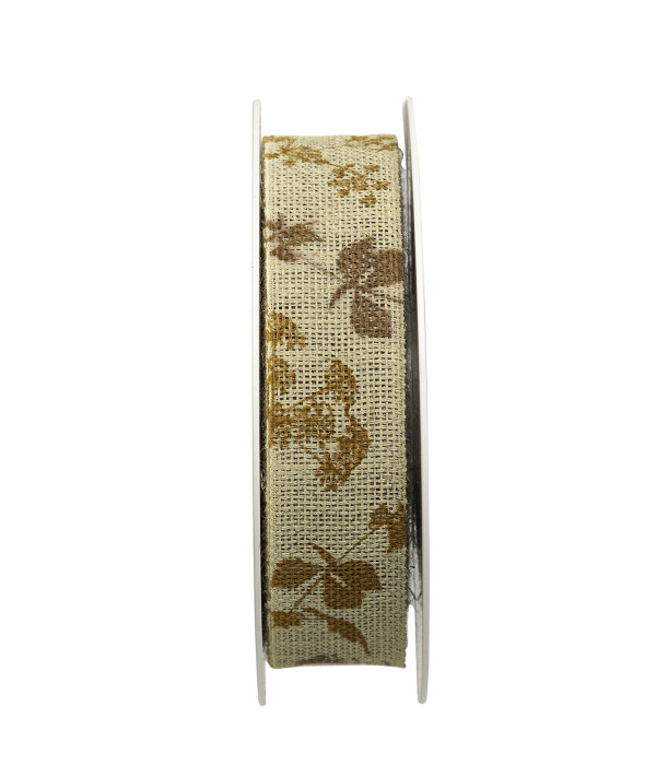 Textilband, BLADVERK, Bredd 25mm, beige band med rostfärgade löv och strån