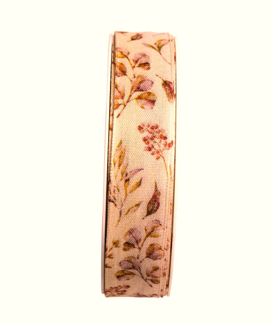 Textilband, FRESH PLANTS, Bredd 25mm, beige band med tryckta rosa, lila växter,