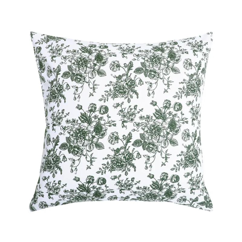 Kuddfodral JUNI, återvunnet material, med små olivgröna blommor i klasar på vit botten