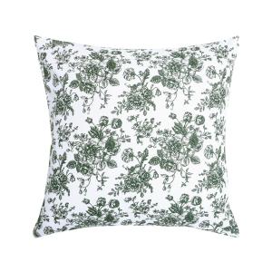 Kuddfodral JUNI, återvunnet material, med små olivgröna blommor i klasar på vit botten