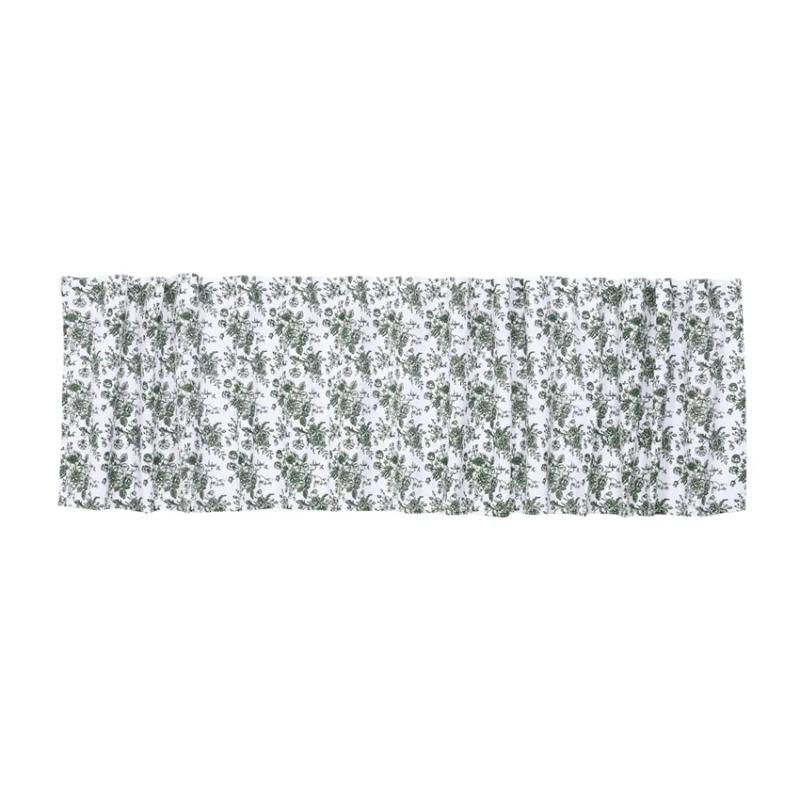 Gardinkappa JUNI, återvunnet material, med små olivgröna blommor i klasar på vit botten