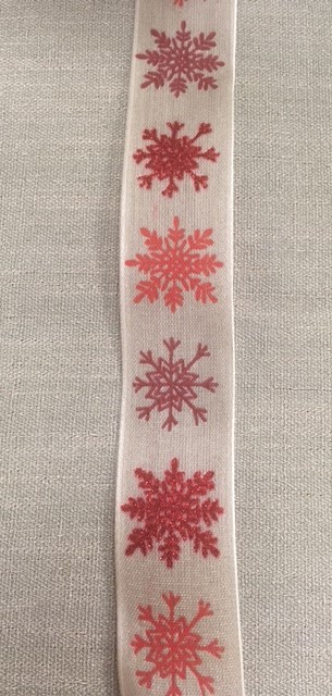 Textilband, SNÖRUBIN, linnefärgat band med glittrande snöflingor i rött, Bredd 25mm