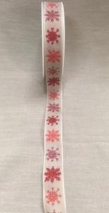Textilband, SNÖRUBIN, linnefärgat band med glittrande snöflingor i rött, Bredd 25mm