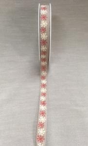 Textilband, STARLET, linnefärgat band med glittrande snöflingor i rött och vitt, Bredd 15mm