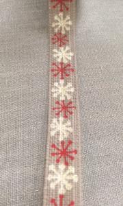 Textilband, STARLET, linnefärgat band med glittrande snöflingor i rött och vitt, Bredd 15mm