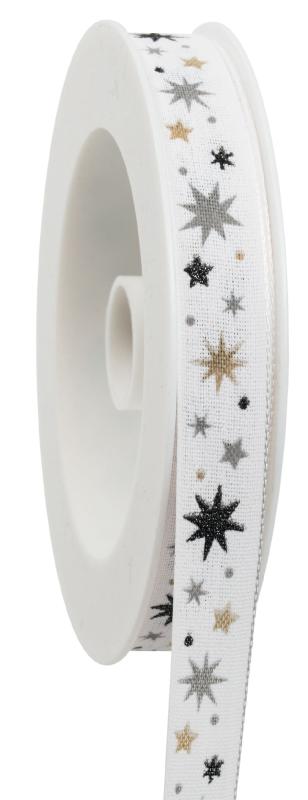 Textilband, SKY STAR, glittrande stjärnor och prickar, Bredd 15mm och 25mm, vit botten