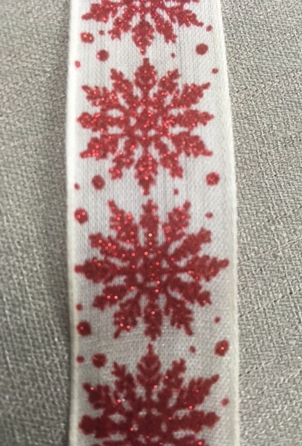 Textilband, SNÖPÄRLA, beige band med glittrande snöflingor i rött, Bredd 25mm
