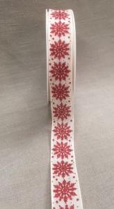 Textilband, SNÖPÄRLA, beige band med glittrande snöflingor i rött, Bredd 25mm