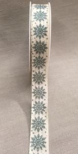 Textilband, SNÖPÄRLA, beige band med glittrande snöflingor i turkosgrönt, Bredd 25mm