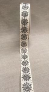 Textilband, SNÖPÄRLA, beige band med glittrande snöflingor i svart, Bredd 25mm