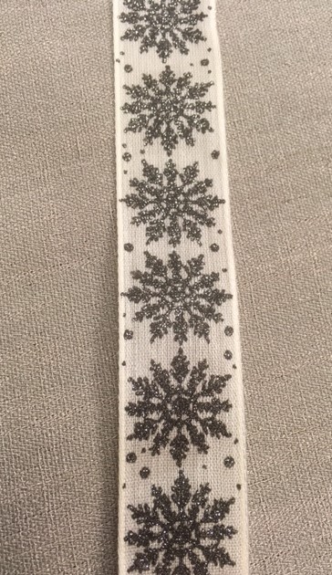 Textilband, SNÖPÄRLA, beige band med glittrande snöflingor i svart, Bredd 25mm