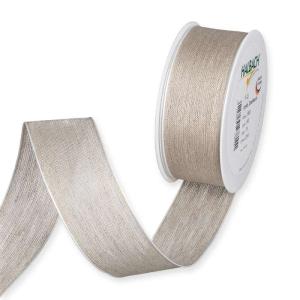 Textilband, vävt linnefärgat band i tre bredder med ståltrådskant i vitt