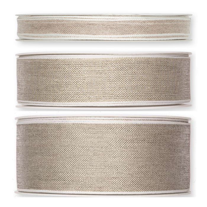 Textilband, vävt linnefärgat band i tre bredder med ståltrådskant i vitt
