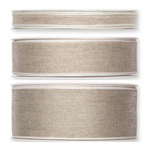 Textilband, vävt linnefärgat band i tre bredder med ståltrådskant i vitt