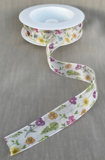 Textilband i vit organza med tryckta färgglada blommor