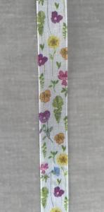Textilband i vit organza med tryckta färgglada blommor