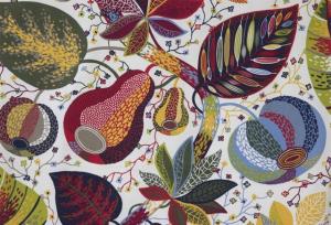 Svanefors Tyg med mönstret Adam & Eva på metervara i färgen blå. Växter och frukter.