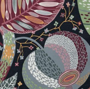 Tyg på metervara i mönstret Adam & Eva, fantasifulla slingrande växter med blå bakgrund