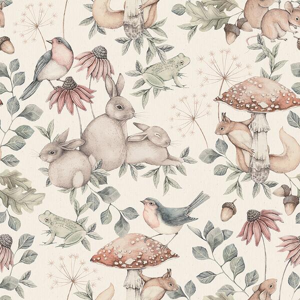 Tapet Minou, Newbie Wallpaper,  hare, fågel, ekorre, groda, möss, svamp, ljusbeige botten